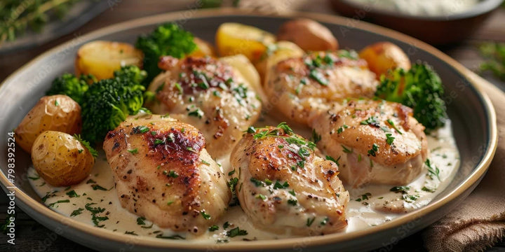 Za’atar-Roasted Chicken with Lemon Herb Potatoes and Garlic Yogurt Sauce